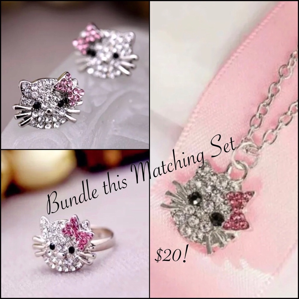 Hello Kitty Rhinestone Stud Earrings & Ring Set - Picture 2 of 2